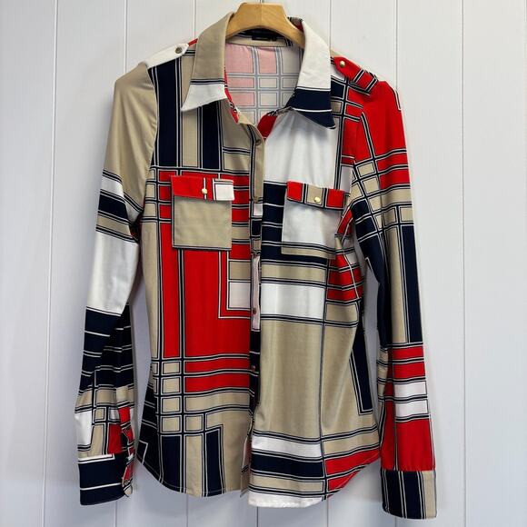 BCBG Maxazria Womens Retro Groovy Color Block Snap Down Top Size L 70s Vibes - Picture 1 of 8